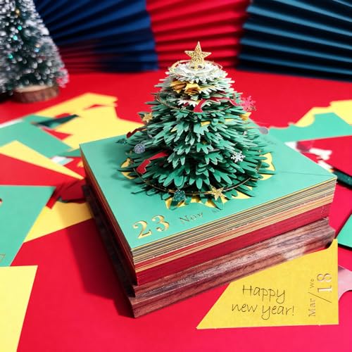 3D Creative Time Piece Calendar 2026 Desk Daily Calendar Decoration with Acrylic Case, Paper Sculpture Non-stick Notes, Paper Carving Art Craft Chirstmas Gift (Christmas Tree) - color: Christmas Tree