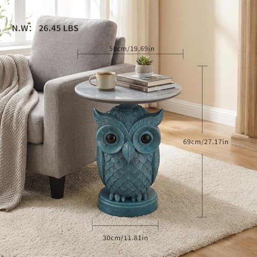 Luxurious Owl Side Table - 20" Premium Faux Marble Top Accent Table with Hand-Detailed Resin Owl Statue Base - High-End Round End Table for Study, Library, Nightstand - Tool-Free - color: Blue Owl