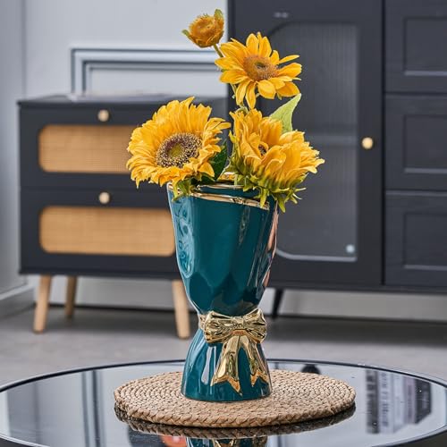 Bow Vase for Home Decor, Gold Vase for Boho Style, 9.65 Inch Large Vases for Ideal Table Decor, Living Room. Ceramic Flower Vases. （Glazed Exterior and Interior） (Green, Large) - color: Green and Gold