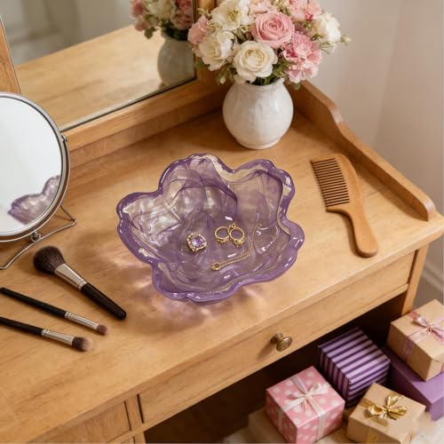 Flower Ring Dish Jewelry Tray, Glass Jewelry Dish Tray, Aesthetic Room Decor Small Trinket Dish, Nightstand Ring Holder Dish, Bathroom Jewelry Plate Bowl for Earrings (Watercolor Violet Purple) - color: Watercolor Violet Purple