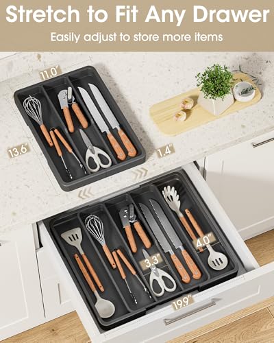 Aujen Silverware Organizer - Expandable Kitchen Drawer Organizer, Adjustable Utensil Organizer, Cutlery Tray for Forks, Knives, Multipurpose Kitchen Organizers and Storage Solution, Black, X-Large - color: Black, size: X-Large