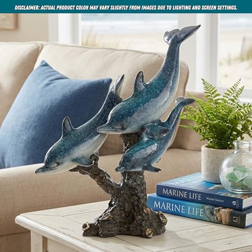 Dolphin Statue - Triple Dolphins Swimming Figurine Coastal Home Decor Tabletop Collection (Aqua) - color: Aqua