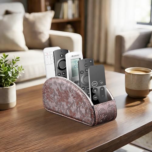 YAPISHI All-in-One Leather Brown TV Remote Holder with 5 Compartments Nightstand Desktop Media Player Remote Caddy Storage Box Organizer Tray for Mobile Office Phone Controller - color: Antique Flower, size: Small