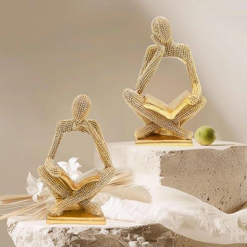 Sparkling Gold Reading Women Statue Set, Thinker Sculptures, Abstract Art Ornament, Modern Aesthetic Figurine Decoration for Home Living Room Bedroom Office Shelf Table Desk Bookshelf Decor - color: Left + Right