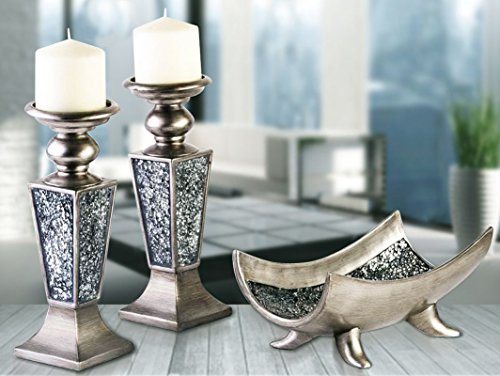 Creative Scents Schonwerk Silver Pillar Candle Holder Set of 2 - Crackled Mosaic Design - Centerpiece Table Decoration - Coffee Table Decor - Decoration Centerpiece for Living/Dining Room - Best Gift - color: Silver With Crackled Glass