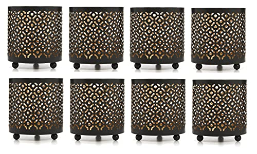 Hosley Bulk Buy Black (Gold Inside) Metal Jar Holder Candle Sleeve Set of 8-4.5" High. Votive, Tea Light Lanterns Ideal Gift for Weddings, Parties, Spa and Aromatherapy O6 - color: Black (Gold Inside) 8 Pack, size: 4.5 inch High