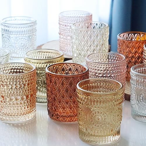 12 pcs Glass Votive Candle Holders, 6 Colors 3 Patterns Tealight Candle Holders for Fall Wedding Table Centerpiece Birthday Decoration - color: Multicolor