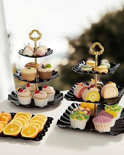Kootek Dessert Cupcake Stand, 10pcs Dessert Table Display Set, 3 Tiered Cup Cake Holder Tower Stand Riser& Cookie Serving Trays for Wedding, Tea Party, Birthday, Baby Shower - color: Gold & Black, size: 10 Set