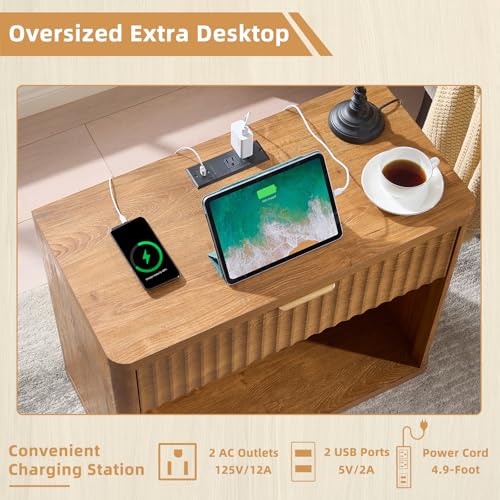 LEYAOYAO 31" Wide Fluted Nightstand with Charging Station, Oversized Extra Large 1 Drawer Night Stand with Golden Handle, Brown Wood Bedside Table Tall End Tables,for Bedroom, Living Room, Hallway - color: Brown, size: 1 Drawers