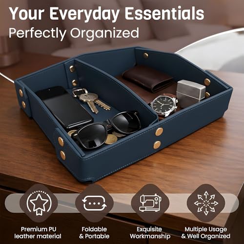 Valet Tray Organizer for Men & Women - PU Leather Catch All Tray with Removable Divider - EDC Storage for Keys, Watch, Phone - Nightstand, Dresser & Desk Organizer - Pacific Navy - color: Pacific Navy
