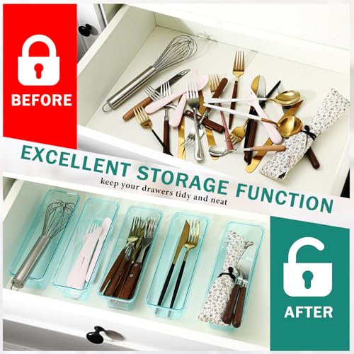 Maitys 12 Pcs Clear Drawer Organizer 9 x 3 x 2 Inches Plastic Rectangle Trays Makeup Vanity Storage Bins and Kitchen Drawers Dividers for Office Desk Silverware Kitchen Utensils(Blue) - color: Blue, size: 9 x 3 x 2 Inches