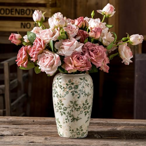 Vintage Pastoral Green Ceramic Flower Vase 8.5”, Rustic Cottage Core Decor for Living Room, Bookshelf, Office, Mantel & Table Centerpiece - color: 16-green and Beige
