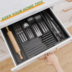 Bamboo Kitchen Silverware Drawer Organizer - Expandable Wood Utensil Holder with Dividers, Luxury Cutlery Storage Tray for Kitchen Utensil and Flatware (5-7 Slots with Removable Knife Block, Black) - color: Black