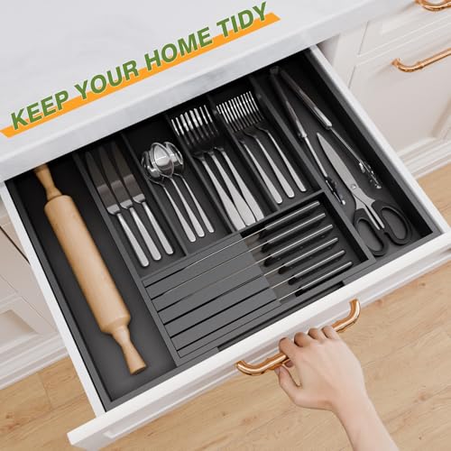 Bamboo Kitchen Silverware Drawer Organizer - Expandable Wood Utensil Holder with Dividers, Luxury Cutlery Storage Tray for Kitchen Utensil and Flatware (5-7 Slots with Removable Knife Block, Black) - color: Black