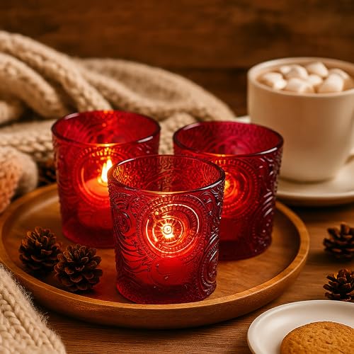 12 Pack Sun Moon Star Embossed Glass Tea Light Candle Holders - Votive Candle Holders for Wedding, Party, Home Decor, and Table Centerpieces (Ruby Red) - color: Ruby Red