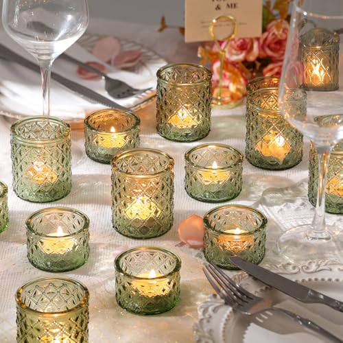 NITIME 24pcs Assorted Green Votive Candle Holders, Tealight Candle Holders for Table Centerpiece, Green Glass Candle Holder Decor for Wedding, Party & Home Decor - color: Green