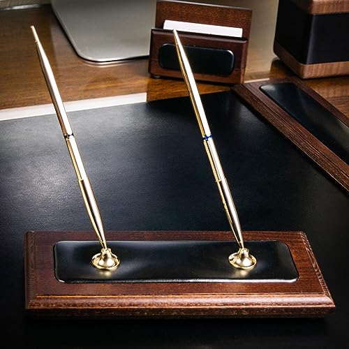 Dacasso Luxury Walnut & Black Leather Double Pen Stand with Rolling Ball Pen - Executive Desk Decor and Elegant Organizer