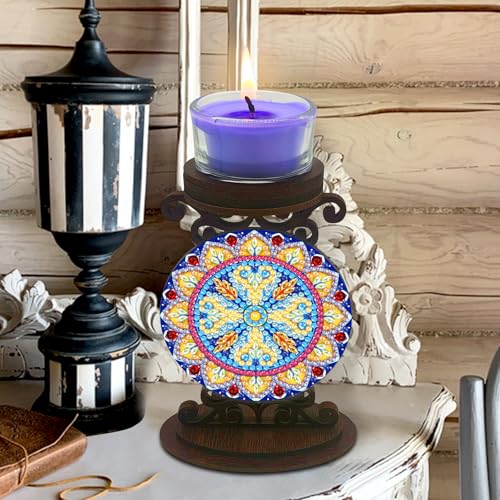 BAYUNOE 2Pcs DIY Candlestick Holders Wooden Desktop Diamond Art Painting Candle Holder Double-Sided Diamond Vintage Modern Decorative for Table Mantel Wedding Dinning Party-01 - color: 2pcs-01