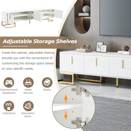 ON-TREND Modern TV Stand with Metal Legs and Gold Handles for TVs Up to 80'', Media Console Table with Cabinets and Adjustable Shelves, Luxury TV Cabinet with Geometric Lines for Living Room, White - color: White+gold1