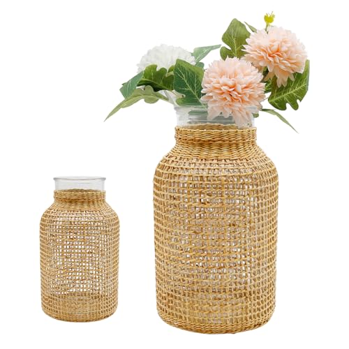 MDEOOSKY Straw Woven Glass Vase 10.25''X3.93''X5.52''Boho Glass Flower Vase Country Rustic Style Vase Glass Vase for Floral Arrangements Bottle Height (B Style 10.25IN) - size: 10.25IN