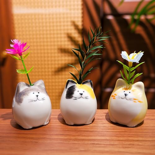 MOUGIGI 3PCS Mini Flower Vases–Unique Small cat vase-Cute Ceramic Bud Vases for Single Stem Flowers & Cat Whisker-Home Decor for Desks & Bookshelves-Ideal Gift for Cats Lovers & Flower Enthusiasts - color: 3 Pcs Painted Cat Vase