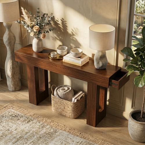 FURSUN 63" Console Table with 2 Drawers, Slim Entryway Table for Hallway, Narrow Sofa Table Behind Couch, Farmhouse Long Wood Accent Table for Foyer & Living Room, Dark Walnut - color: Dark Walnut