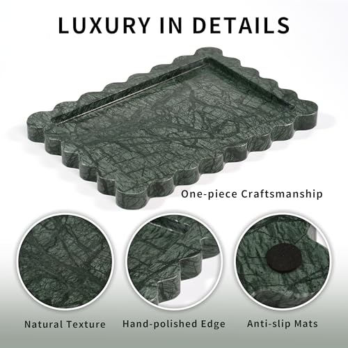 Scalloped Green Marble Tray - Large Home Decorative Stone Vanity Perfume Candle Plates for Bathroom Accessories Coffee Table, Key Dish for Kitchen Countertop Entryway (10.6" x 7.4" x 0.8") - color: Scallop-green