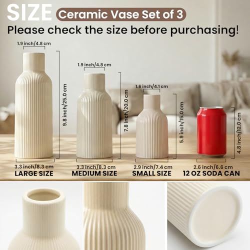 3-Piece Glossy Beige Ceramic Vase Set with Vertical Lines, Minimalist Solid Color Design, Decorative Vases for Shelf, Mantel & Tabletop, Assorted Sizes (9.8"/7.8"/5.9" H) - color: Glossy Beige
