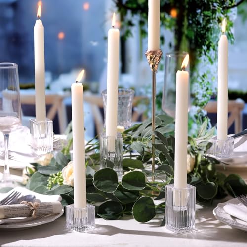 LETINE 12pcs Vertical Stripe Glass Candlestick Holders - Chic Taper Candle Sticks Holder Set for Elegant Dining & Home Decor - Ideal for Wedding Centerpieces, Parties, and Celebrations - color: Clear