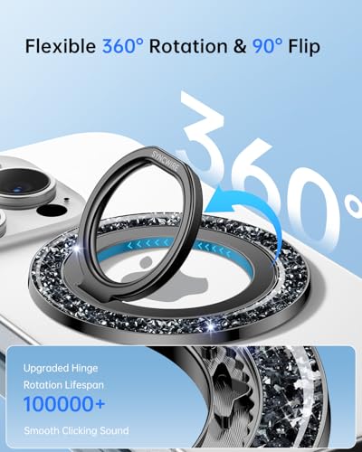 SYNCWIRE Magnetic Phone Ring Holder for MagSafe - Glitter Phone Grip Stand with 360° Rotation Finger Ring Kickstand Blingbling Compatible with iPhone 17 16 15 14 13 12 Pro Max MagSafe Accessories - color: Single Ring-1PCS-Glitter Black