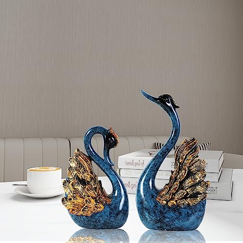 2pcs Swan Statues Couple's Home Decorations for Living Room Decor and Accessories, Sculptures Home Decor for Coffee Table, Book Shelf Decor Accents (Blue)