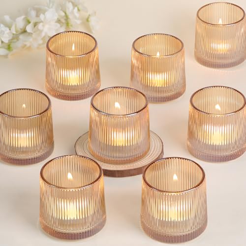 DARJEN Gold Ribbed Tealight Votive Candle Holders Set of 10- Tea Light Candle Holders Glass for Table Centerpiece, Votive Candle Holders for Home, Wedding & Fall Decor - color: Gold, size: 10Pcs