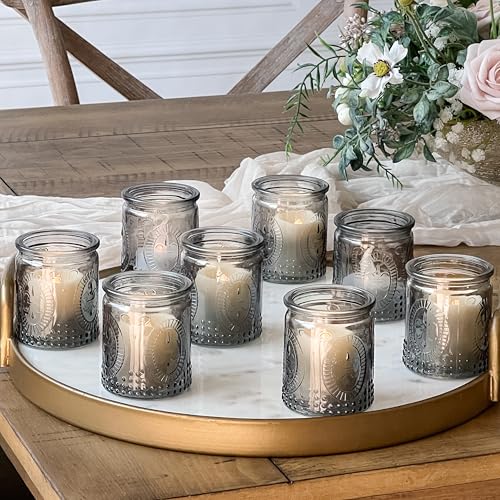 Kate Aspen Smoke Gray Vintage Glass Tealight Votive Candle Holders with Fleur-de-lis Design, Set of 8 - Perfect for Farmhouse Room & Shelf Decor - color: Smoke Gray, size: Set of 8
