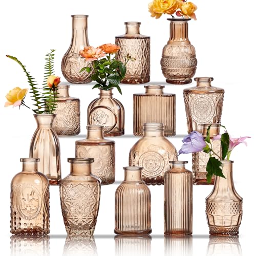 Glass Bud Vases Set of 16 - Amber Assorted Small Mini Glass Vases for Flowers, Crystal Vintage Vase Set, Bulk Centerpieces for Table Décor, Wedding, Home and Events (Amber, 16 Pcs) - color: Amber, size: 16 Pcs