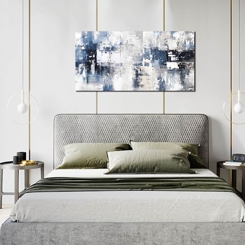 Prepeyssee White and Blue Abstract Canvas Wall Art for Living Room Bedroom Home Office Large Modern Grey Abstract Canvas Prints Picture Ready to Hang Size 20x40 - color: white, size: 20L" x 40W"