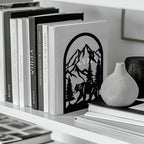 Peacoblue Metal Bookends for Shelves, Modern Decorative Heavy Duty Study Book Support Stoppers for Office, Desk, Shelf, Room 5.3"x4.3"x7.9" Cast Iron Bookends, 1 Pair (Mountain and Forest with Bear) - style: Mountain and Forest with Bear