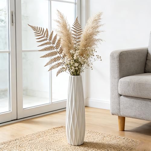 White Ceramic Tall Vase, 17.7" Large Floor Vase for Pampas Grass, Decorative Flower Vases for Modern Home Decor Living Room Office Bedroom Table Centerpieces Shelf Kitchen Wedding Farmhouse Décor - color: Ten Stripes, size: Height-17.7 Inch