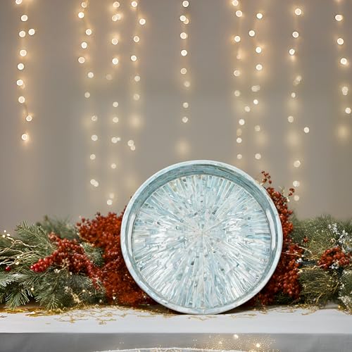 PEMAR 12.6” Mother of Pearl Round Serving Tray with Handles, Decorative Nacred Wooden Ottoman Coffee Table Tray (Teal Sunlight) - color: Teal Sunlight