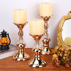 OwnMy Set of 3 Rose Gold Metal Pillar Candlestick Holders Brass Pillar Candle Holders for 3 Inch Candles, Elegant Metal Crystal Candle Stands for Dining Table, 6.7"+8.3"+9.3" Height Set