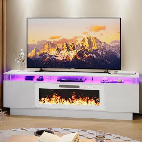 LEMBERI 70" Fireplace TV Stand for TVs up to 80 Inches with White 36'' Electric Fireplace & Remote, Modern Entertainment Center with LED Light,Woodeen TV Console for Living Room, 8 Acrylic Posts, Wht - color: White With White Fireplace (Acrylic Posts), si