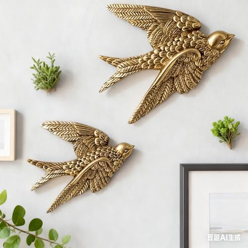 Mrxxjz Vintage Bird Wall Sculptures - 3D Swallow Set of 2 | Antique Brass Finish Ceramic Wall Art Decor, Handcrafted 3D Figurines for Living Room, Bedroom, Entryway as Hanging Ornaments