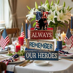 CroBlissful 4 Pcs Memorial Day Decorations 4th of July Patriotic Tabletop Decoration Red White Blue Table Centerpieces Alway Remember Our Heroes Sign for Tiered Tray Home Shelf 250th Anniversary - style: 4th of July