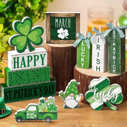 Vercraft 11 Pcs St. Patrick's Day Table Decorations Shamrocks Tiered Tray Home Decor Irish Centerpiece Decorative Wood Books Table Top Decor Clover Wooden Sign for Party Supplies - style: Shamrocks