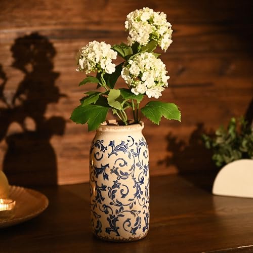 VICTOR & TERESA Rustic Blue and White Vase for Home Decor, Ceramic Vases for Flowers, Modern Farmhouse Decorative Vases for Pampas Grass,Table, Mantel, Living Room,Bookshelf, Centerpieces, 8'' - color: Blue and White, size: Medium-8''