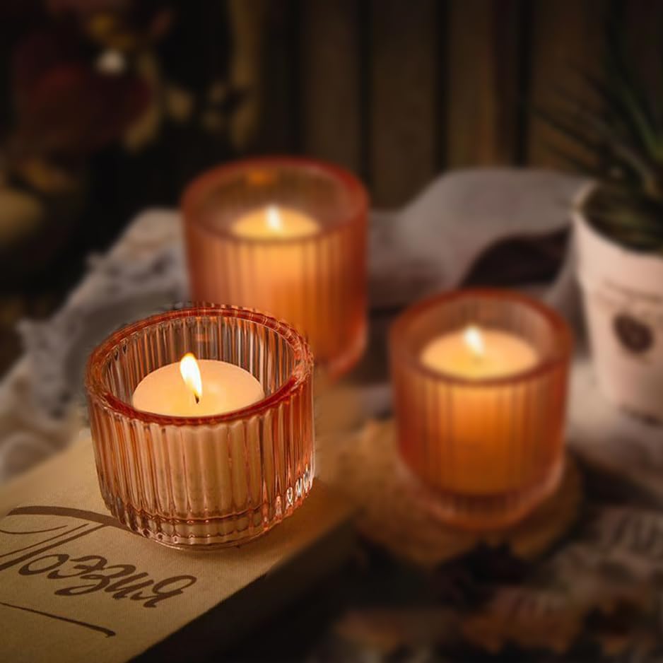 Clear Tealight Candle Holder Set of 24,Glass Votive Candle Holders, Decorative Round Ribbed Candle Holders for Home Decor (Champagne) - color: Champagne