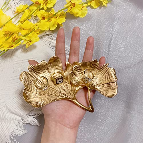 Metal Jewelry Dish, Small Leaf Shaped Ring Holder Jewelry Organizer, Trinket Dish Vanity Tray for Dresser Christmas Birthday Wedding Gifts 2-Tier Ginkgo-Gold - color: 2-Tier Ginkgo-Gold