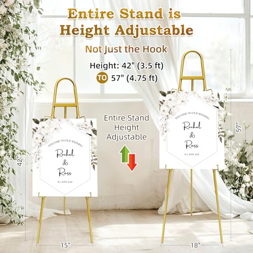 57"– 42" Height Adjustable Gold Easel Stand for Signs, Lockable at Any Height – 4 Hooks, 3 Display Modes, Easel with Design Templates – Ideal for Wedding Welcome Sign, Parties, Art & Retail Display