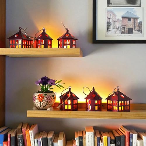 TRIROCKS 6 Pcs Mini Table Centerpieces Candle Lanterns 4" H Decorative Hanging Tealight Holders House Bulk for Wedding Farmhouse Christmas Dinner Party Indoor Outdoor Gifts(Wine Red Brushed Black)