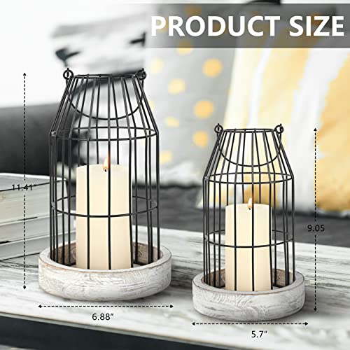 Rustic Wire Metal Cloche Set of 2 Candle Lantern Decorative Indoor Outdoor Vintage Cage Candle Holders Modern Farmhouse Decor for Fireplace Mantle Entryway Living Room Kitchen Dining Table Centerpiece - color: Black/White