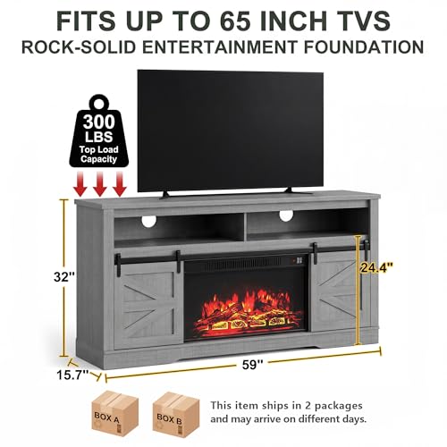 YESHOMY Fireplace TV Stand for Television up to 65+ Inch with Storage and Farmhouse Sliding Barn Doors, Entertainment Center with Cabinet and Shelves, Media Console for Living Room,Rustic Gray - color: Rustic Gray, style: Sliding Barn Doors Fireplace TV S
